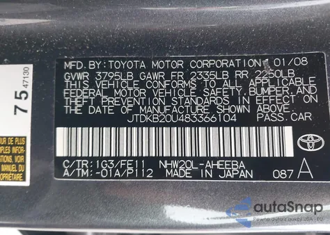 2008 Toyota Prius z USA, uszkodzony, nr VIN JTDKB20U483366104